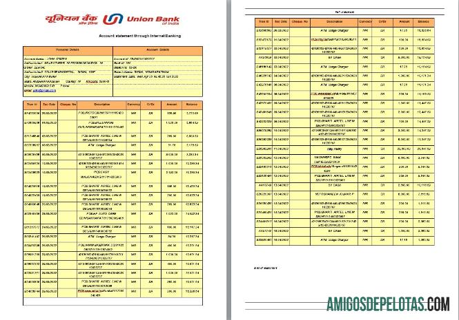 Modelo de extrato bancário da União da Índia para download, formato Word e PDF, 2 páginas